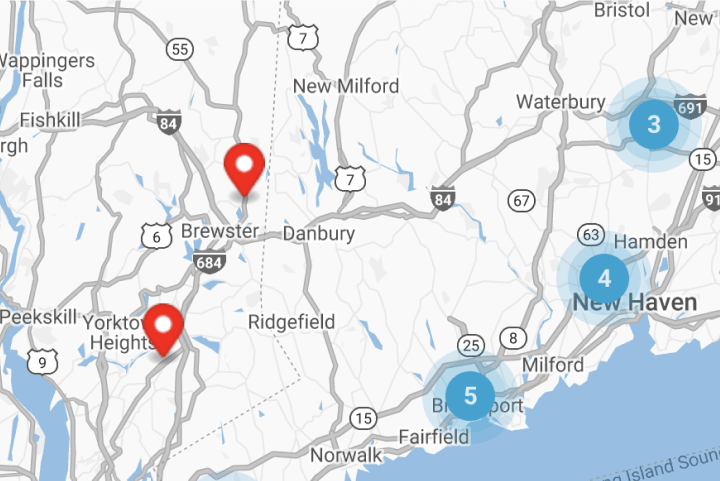 map of western Connecticut with pins next to Brewster, NY and Yorktown, NY. There is a "3" east of Waterbury, CT, a "4" over New Haven, CT, and a "5" over Bridgeport, CT